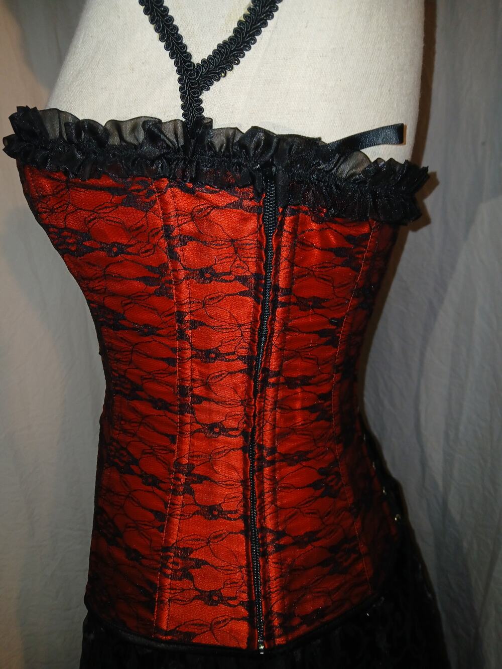 Red & Black Floral Lace Ruffle Trim Lace-Up Corset Top M